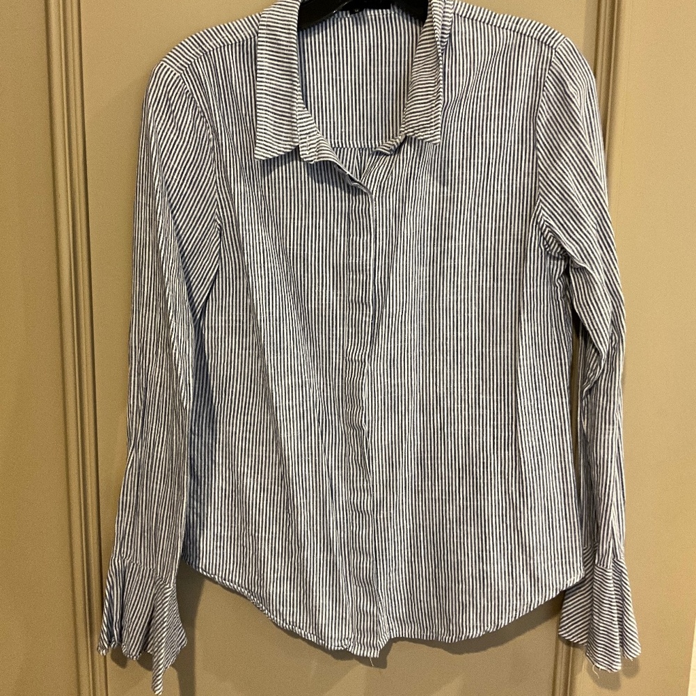 SANCTUARY Blue White Stripe Button Down Oxford Shirt Long Bell Sleeves Medium
